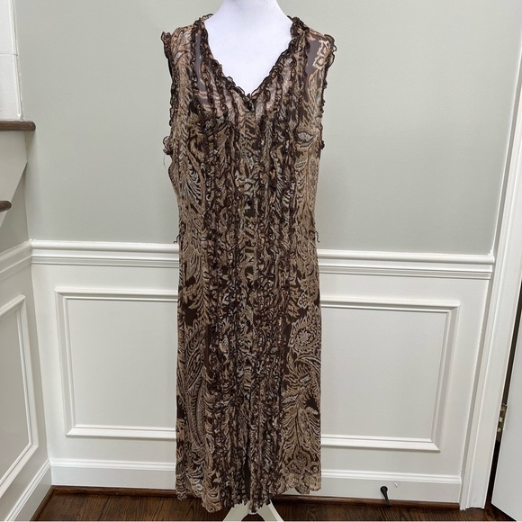 Oscar de la Renta Brown and Tan Midi Dress Size 14 - Picture 1 of 9